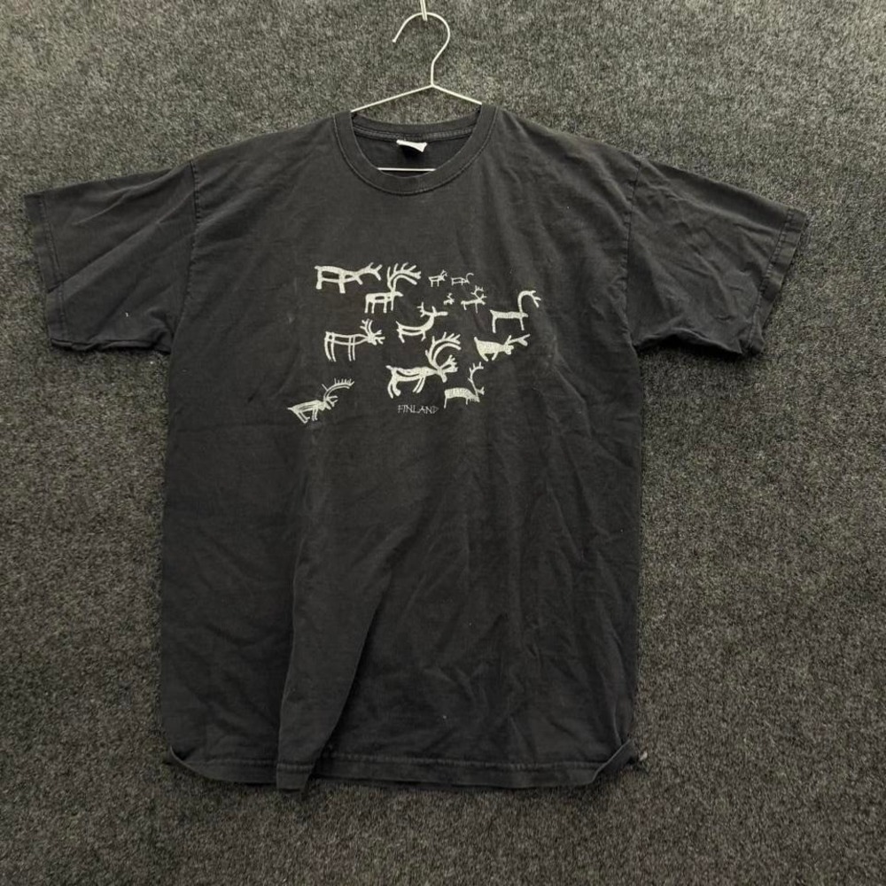 Finlands womens black reindeer graphic tee faded souvenir t shirt